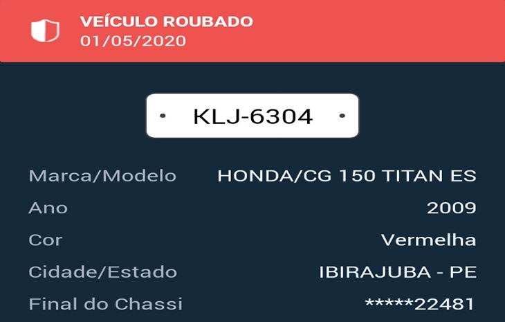 Moto roubada na Pe 149, em Ibirajuba/PE
